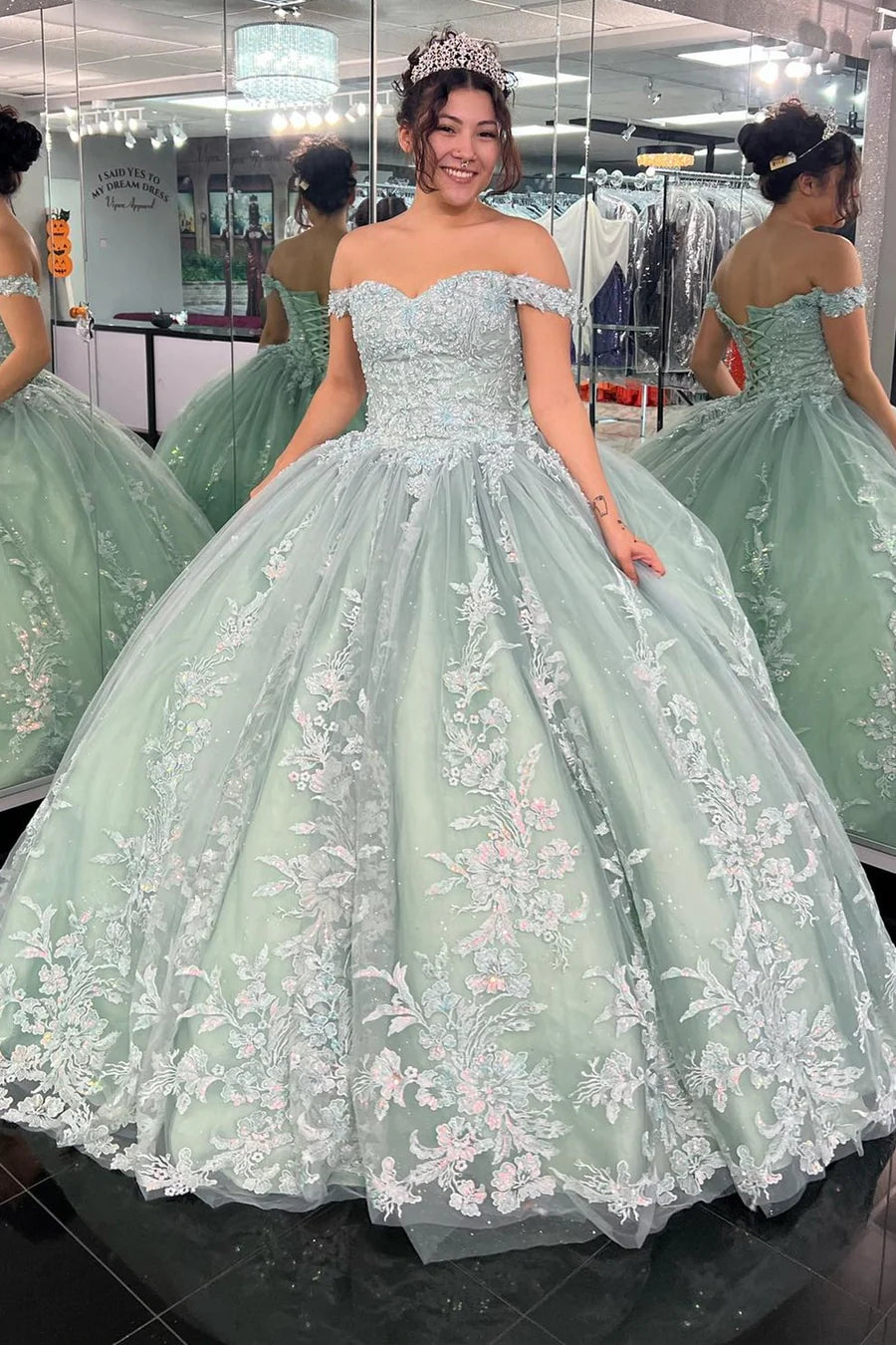 Off-the-Shoulder Dusty Sage Appliques Ball Gown